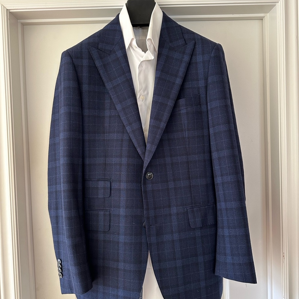 Atelier Munro - Navy Check Peak Lapel Wool Blazer - 40R